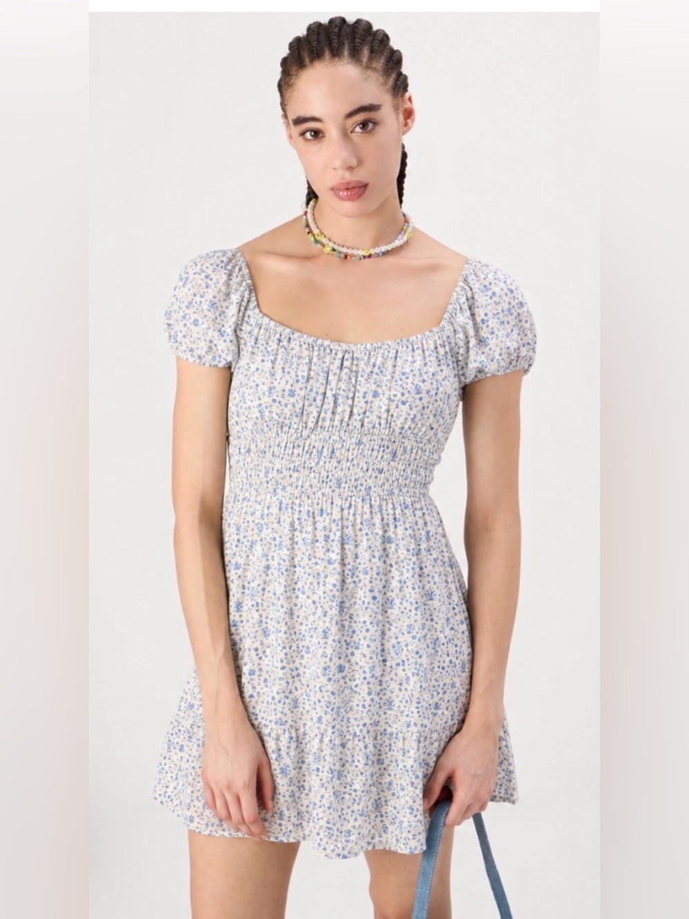 Hollister Light Blue and White Floral Smocked Mini Dress